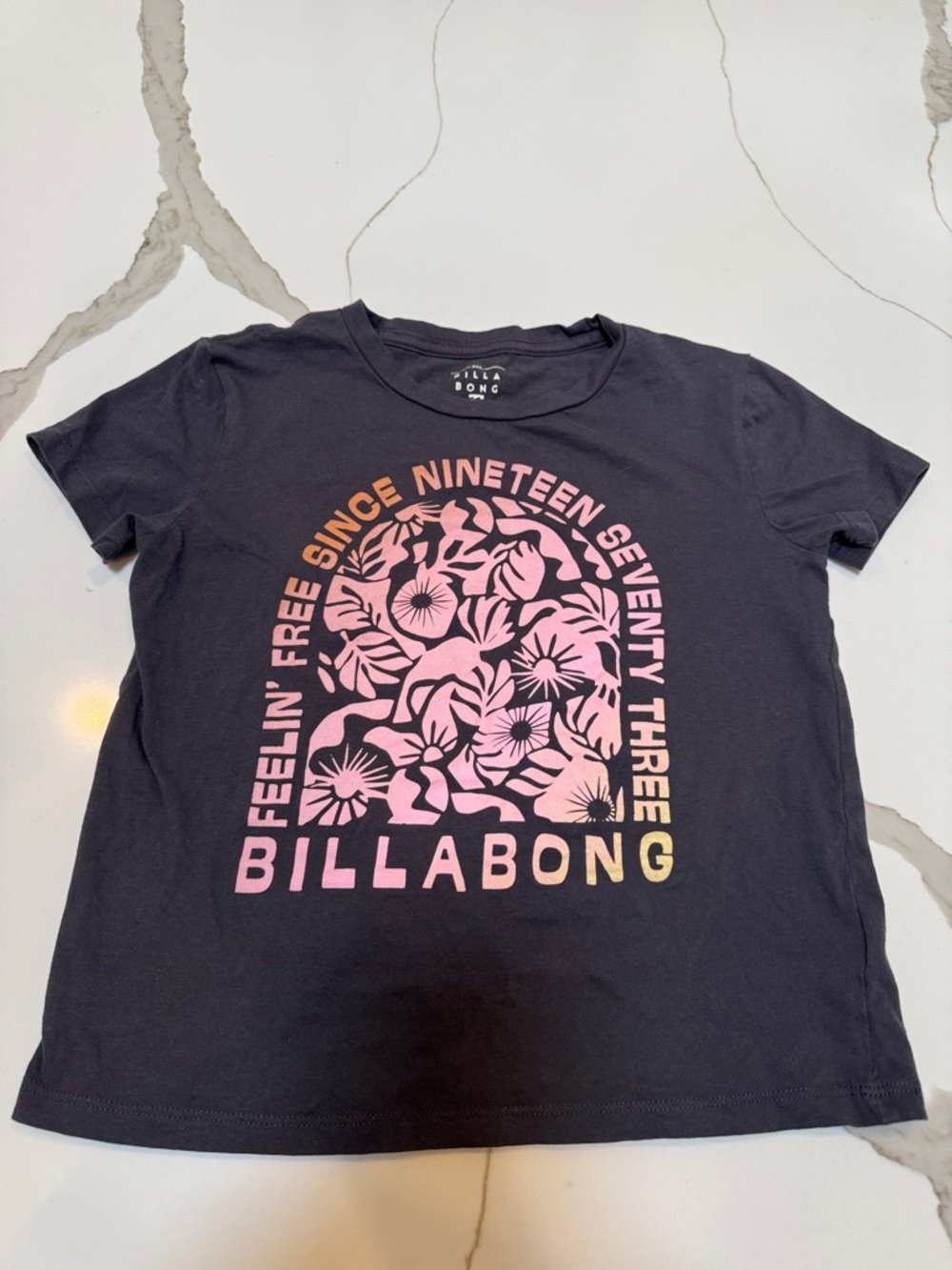 Girls Billabong Black Tee with Pink-to-Peach Floral Arch Graphic size M